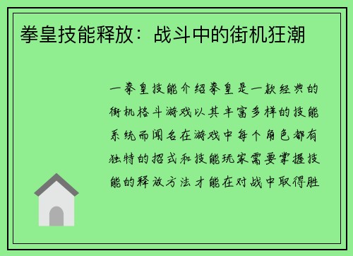 拳皇技能释放：战斗中的街机狂潮